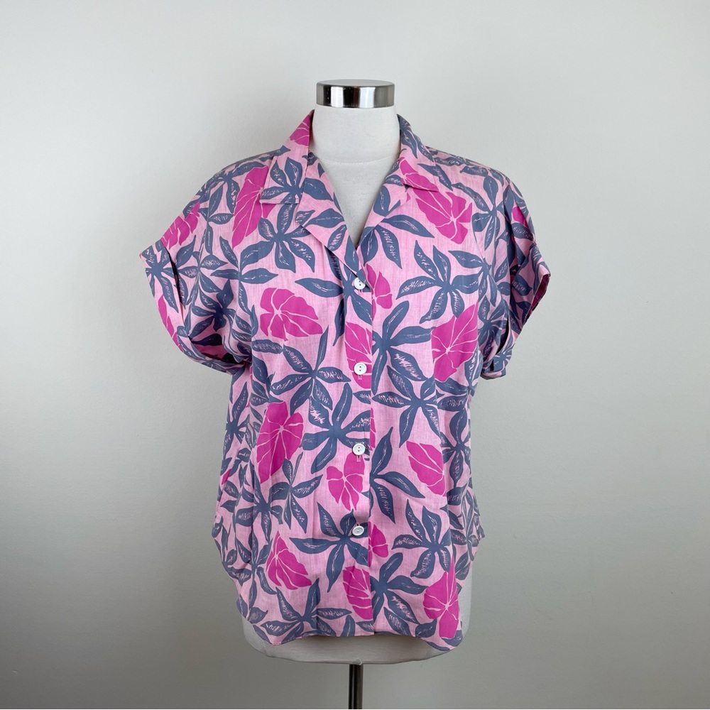 Vintage Helena's Hawaiian Pink Floral Button Down Short Sleeve Shirt Top Women